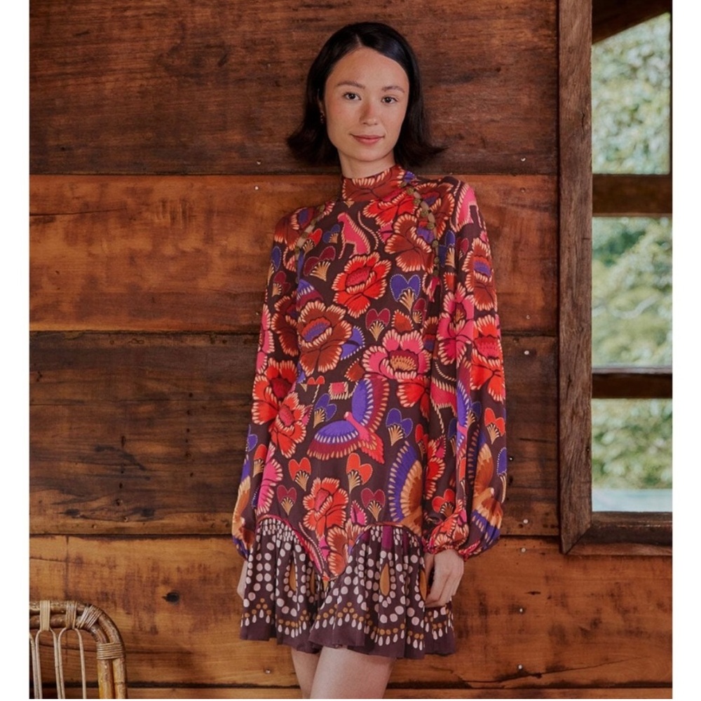 Farm Rio Brown Bright Flora Long Sleeve Mini Dress